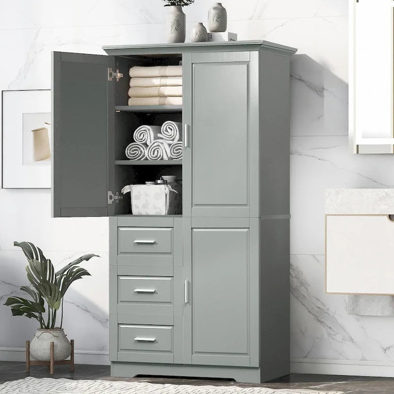 Classic Paneled Storage Cabinet with Three Drawers and Adjustable Shelves